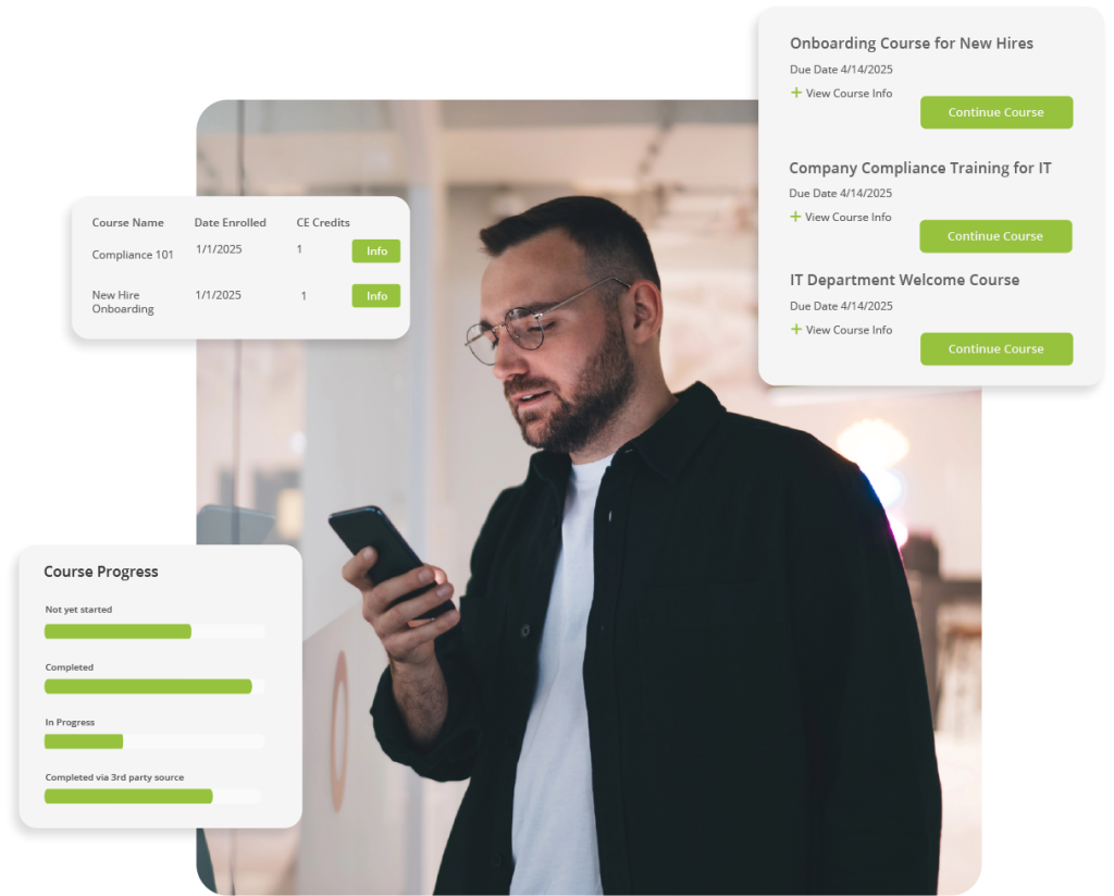 Employee taking training course through a learning management software available on mobile
