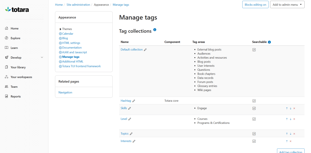 product screenshot of tag management within the totara learn platform