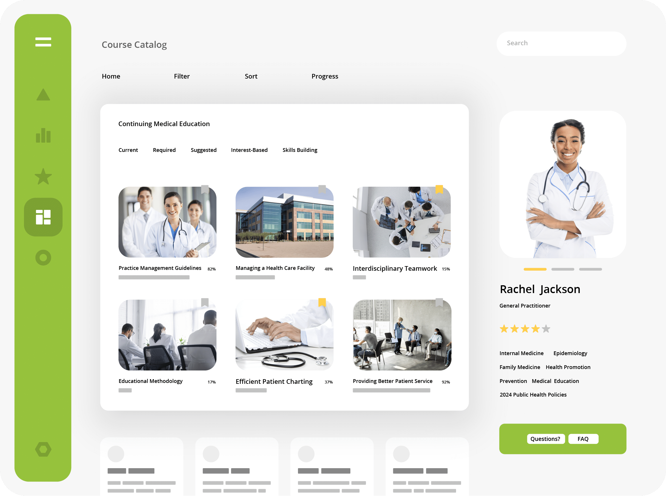 custom lms learner dashboard showing a course catalogue for continuing medical education